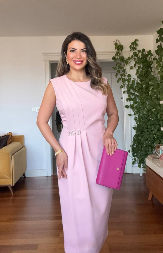 VATKA DETAYLI PILELI MIDI ELBISE - TOZ PEMBE