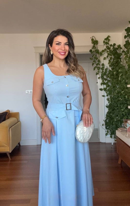 KARE YAKA KEMERLI DÜĞME DETAYLI MIDI ELBISE - BEBE MAVİ