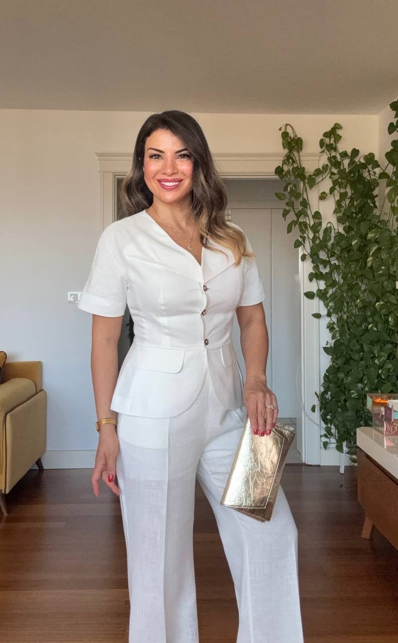 KISA KOL DÜĞMELI BLAZER TAKIM - BEYAZ