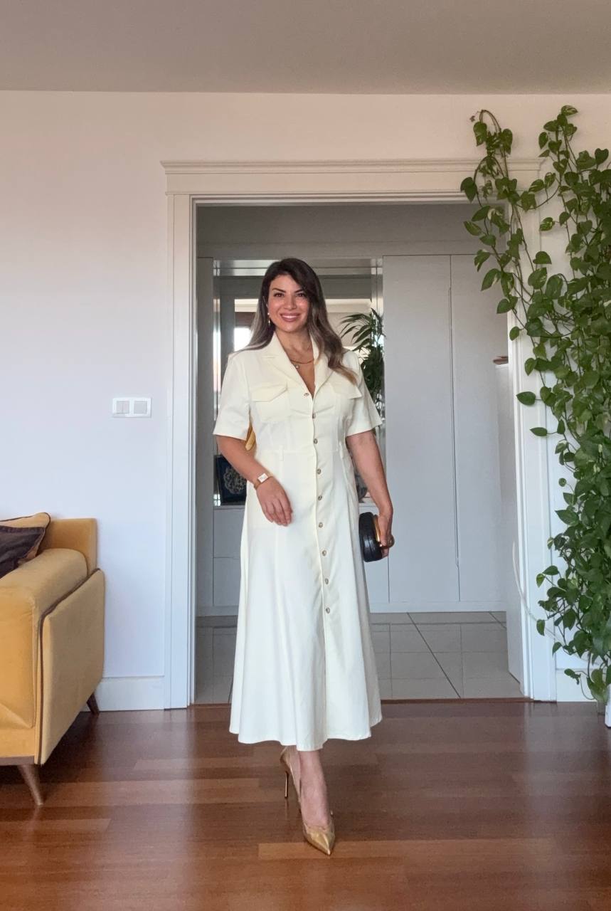KEMER DETAYLI DÜĞMELI MİDİ GÖMLEK ELBİSE - SARI