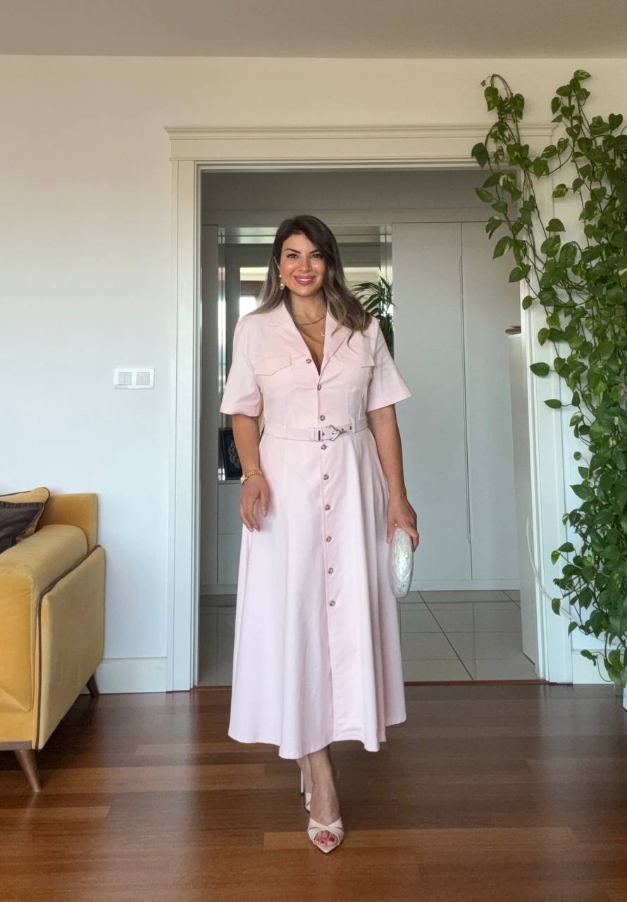 KEMER DETAYLI DÜĞMELI MİDİ GÖMLEK ELBİSE - PUDRA