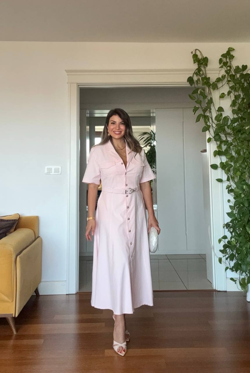 KEMER DETAYLI DÜĞMELI MİDİ GÖMLEK ELBİSE - PUDRA