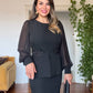 ŞIFON KOLLU DANTELLI PEPLUM ELBİSE - SİYAH