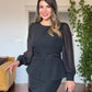 ŞIFON KOLLU DANTELLI PEPLUM ELBİSE - SİYAH