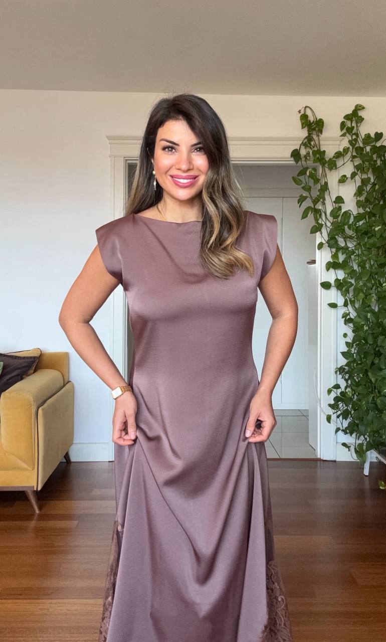 SATEN DANTEL DETAYLI MIDI ELBİSE - MOKA KAHVE