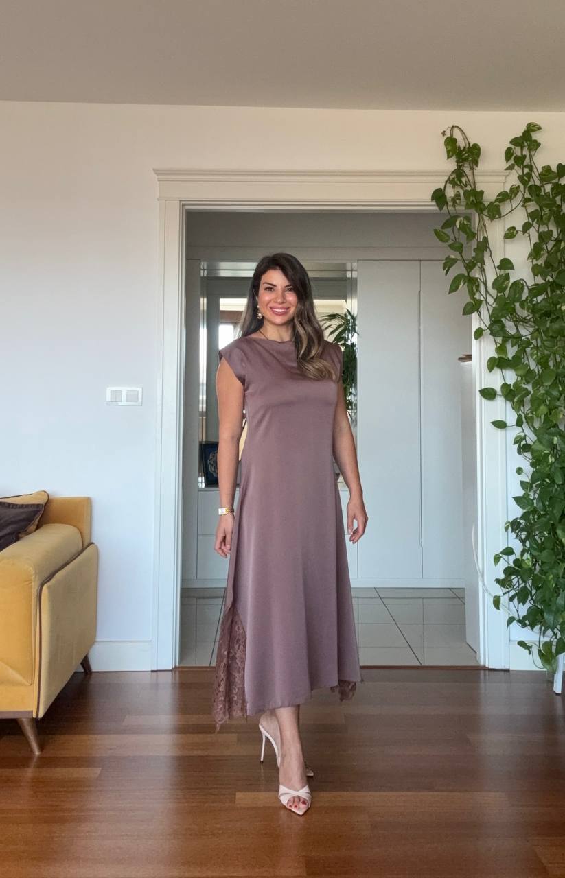 SATEN DANTEL DETAYLI MIDI ELBİSE - MOKA KAHVE