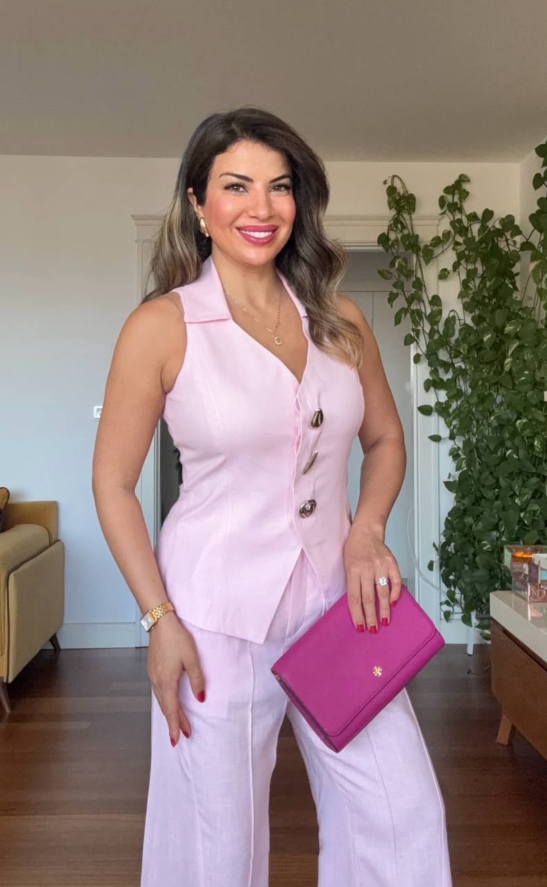KOLSUZ YELEKLİ KETEN TAKIM - PUDRA