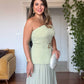 KEMER DETAYLI PİLİSELİ UZUN ABİYE ELBİSE - FISTIK YEŞİLİ