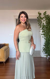 KEMER DETAYLI PİLİSELİ UZUN ABİYE ELBİSE - FISTIK YEŞİLİ