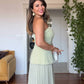 KEMER DETAYLI PİLİSELİ UZUN ABİYE ELBİSE - FISTIK YEŞİLİ