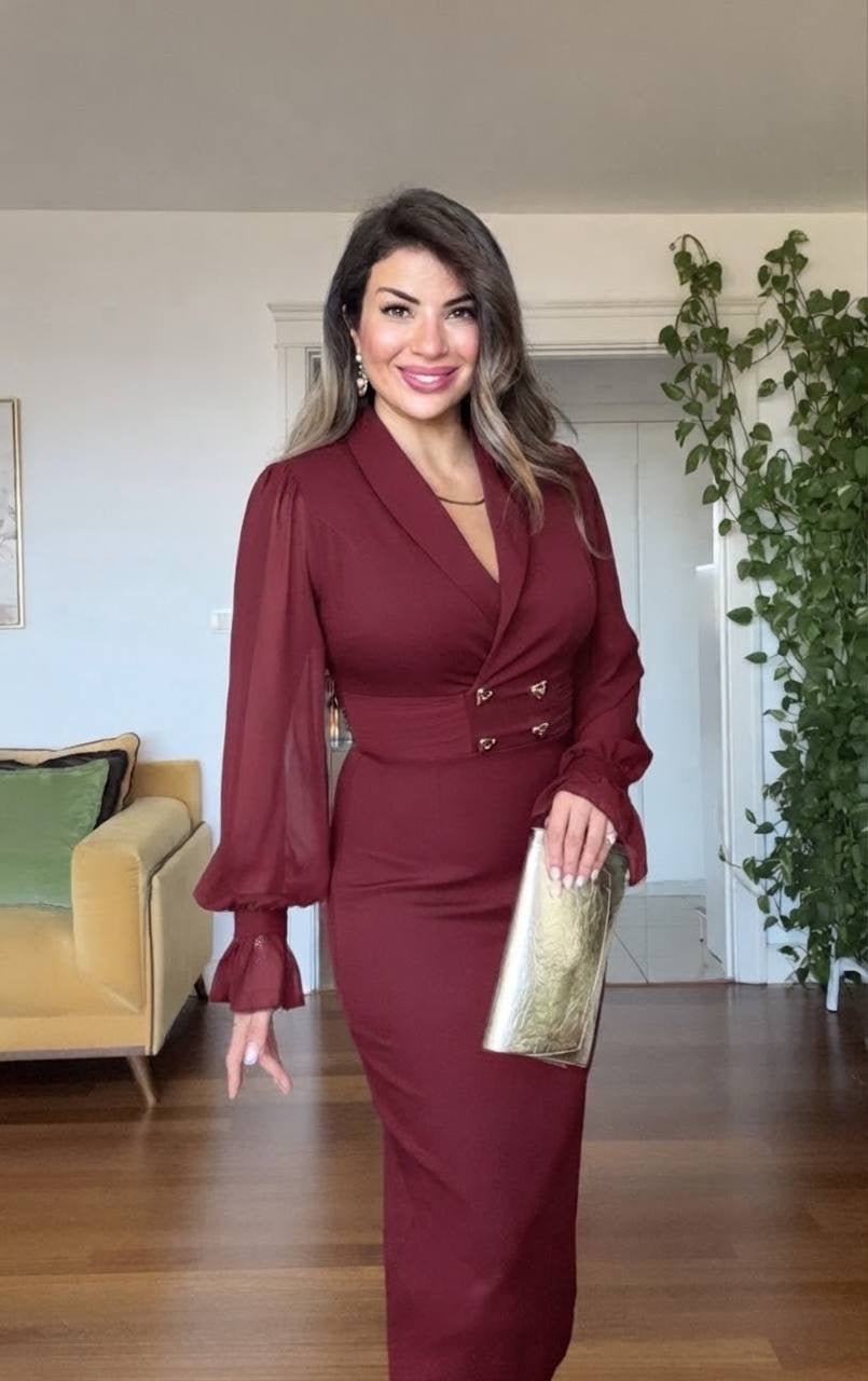 ÇİFT DÜĞMELİ ELBİSE - BORDO
