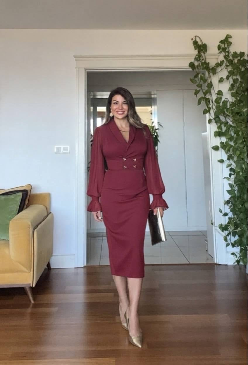 ÇİFT DÜĞMELİ ELBİSE - BORDO