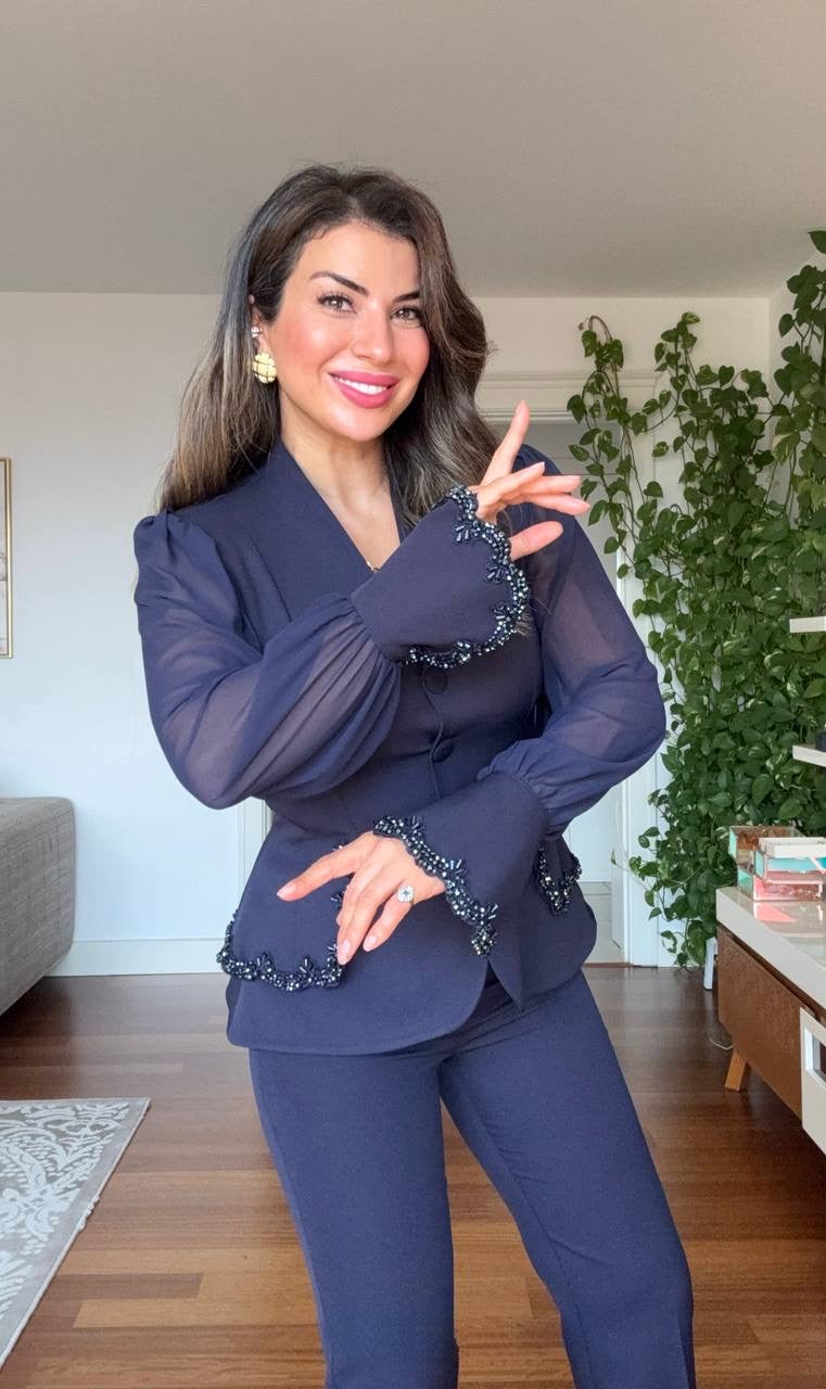 TAŞLI ŞİFON KOLLU BLAZER TAKIM - LACİVERT