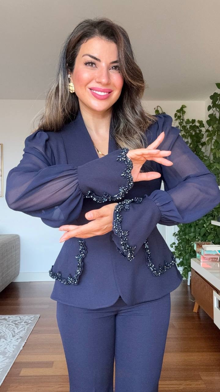 TAŞLI ŞİFON KOLLU BLAZER TAKIM - LACİVERT