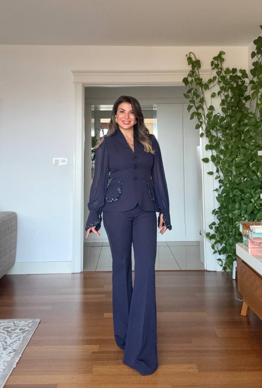 TAŞLI ŞİFON KOLLU BLAZER TAKIM - LACİVERT