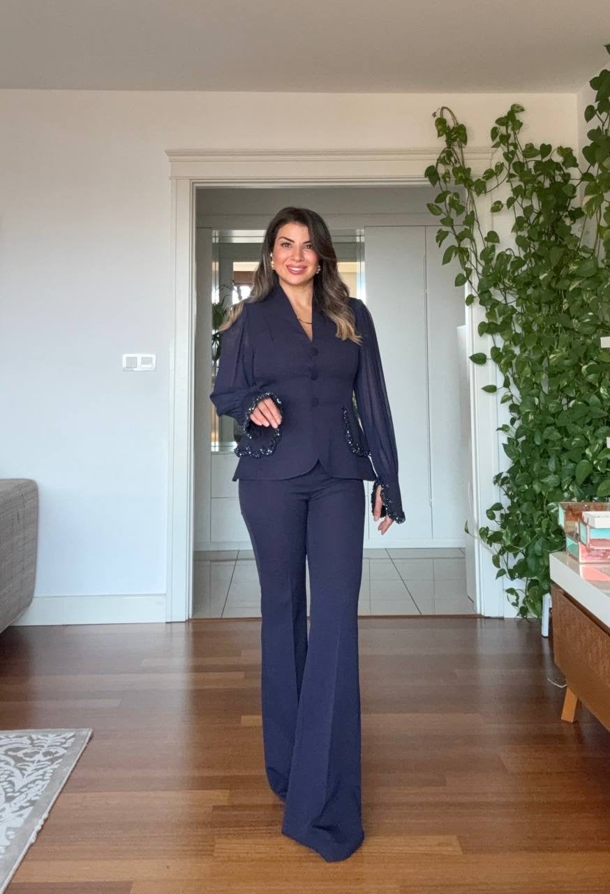 TAŞLI ŞİFON KOLLU BLAZER TAKIM - LACİVERT