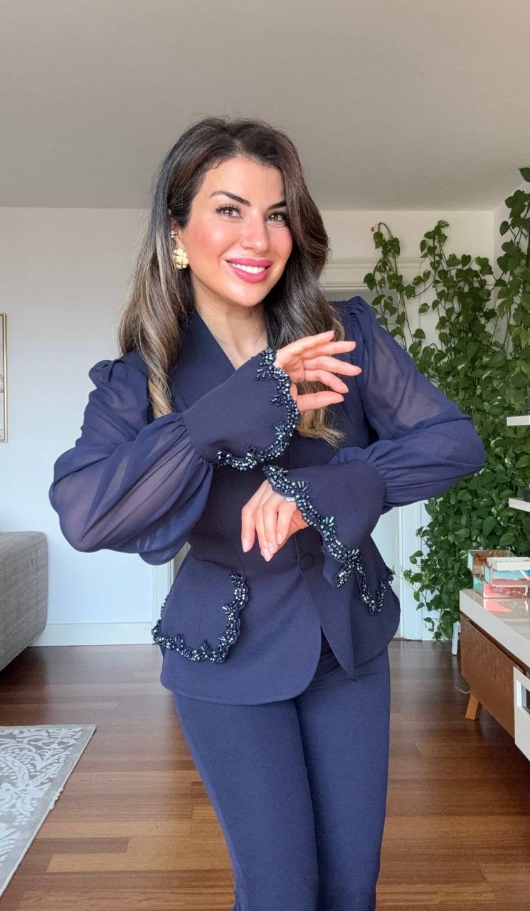 TAŞLI ŞİFON KOLLU BLAZER TAKIM - LACİVERT