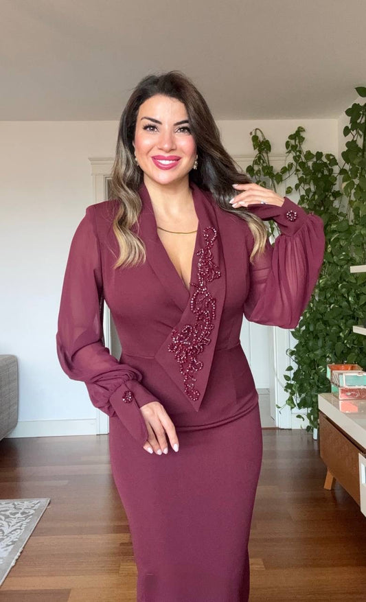 TAŞLI İŞLEMELİ ŞIFON KOLLU MIDI ELBISE - BORDO