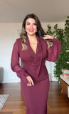 TAŞLI İŞLEMELİ ŞIFON KOLLU MIDI ELBISE - BORDO