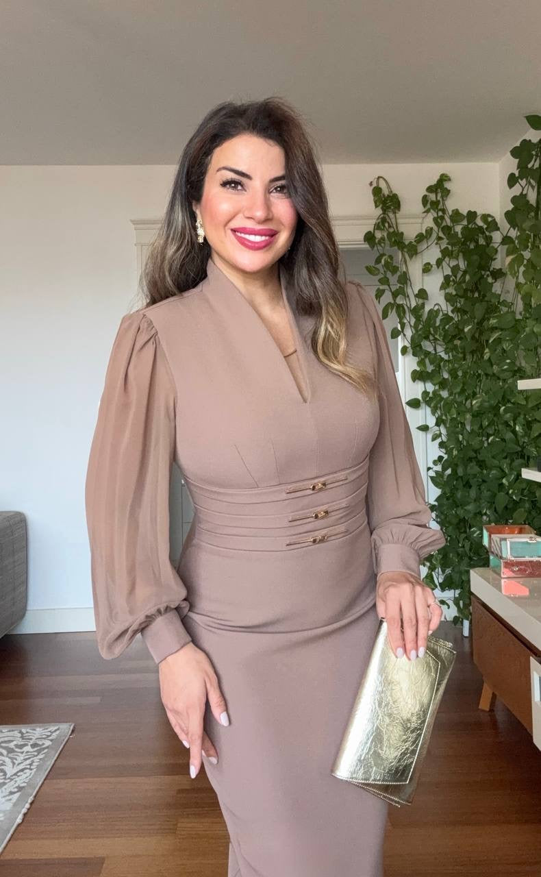 BALON KOLLU KORSET KESİM MIDI ELBISE - KAHVE