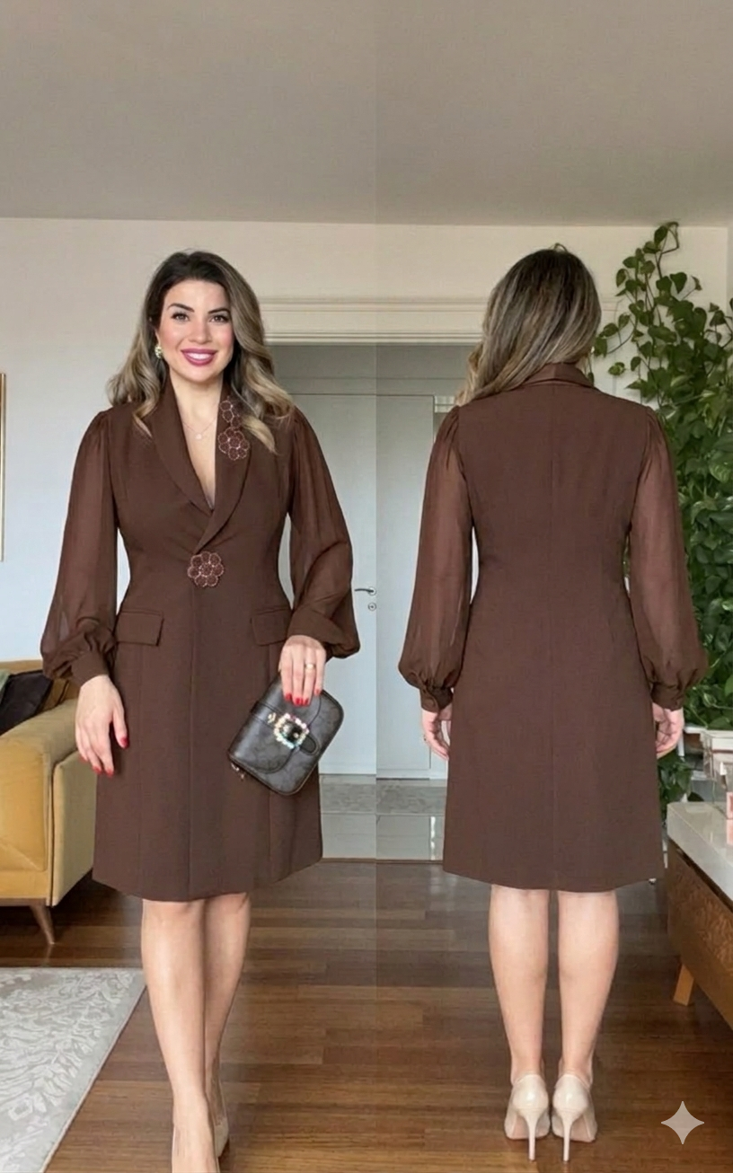 ÇİÇEK APLİKELİ ŞİFON KOL BLAZER ELBİSE – MÜRDÜM