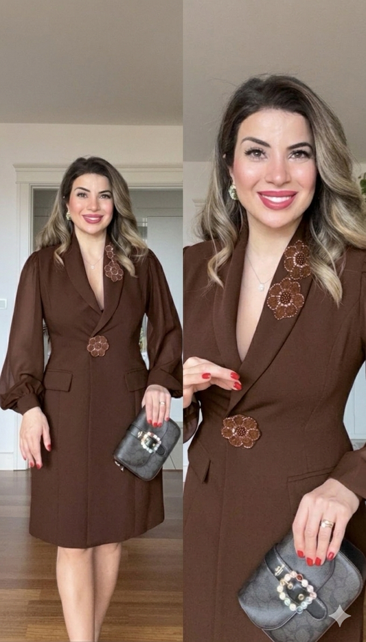 ÇİÇEK APLİKELİ ŞİFON KOL BLAZER ELBİSE – MÜRDÜM