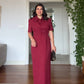 ÇİÇEK APLİKELİ GÖMLEK YAKA KISA KOLLU MİDİ ELBİSE - BORDO