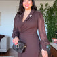 TAŞ DETAYLI CEKET YAKA KEMERLİ MİDİ ELBİSE KAHVERENGİ