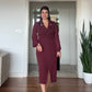 TAŞ DETAYLI CEKET YAKA KEMERLİ MİDİ ELBİSE - MÜRDÜM