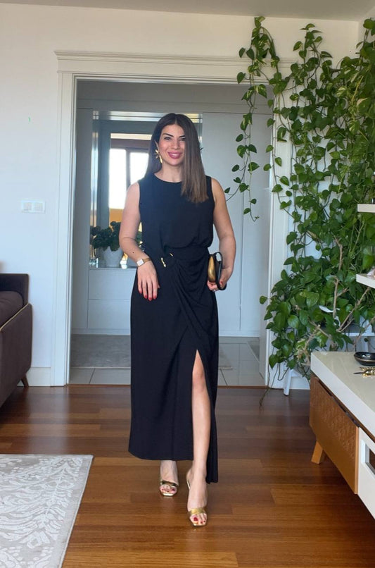 BELDEN TOKALI ELBİSE - SİYAH