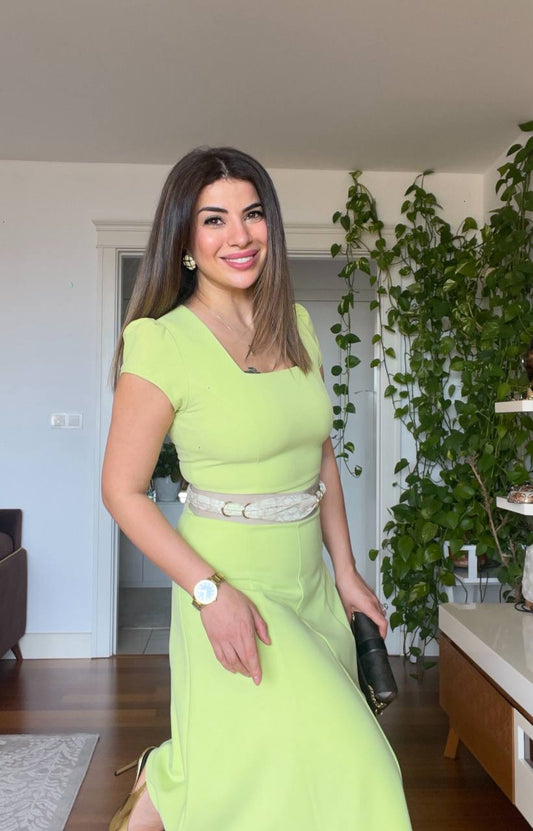 U YAKA MİDİ ELBİSE - LİME