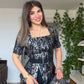 KEMERLİ PARLAK DESENLİ BLUZ & PANTOLON TAKIM - SİYAH