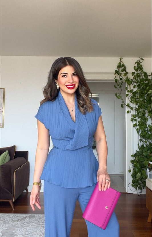 DOKULU ÇİZGİLİ PEPLUM YELEK TAKIM – İNDİGO
