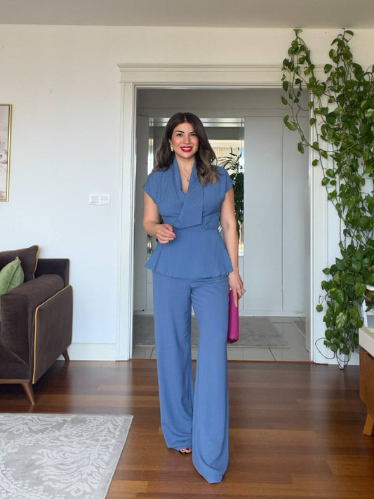 DOKULU ÇİZGİLİ PEPLUM YELEK TAKIM – İNDİGO