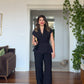 DOKULU ÇİZGİLİ PEPLUM YELEK TAKIM – SİYAH