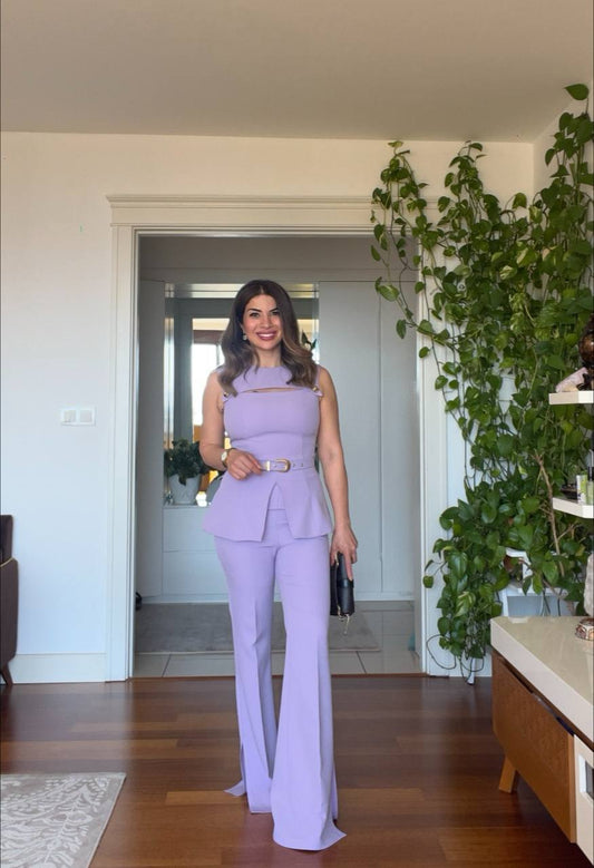 OMUZ GOLD DÜĞME DETAYLI PEPLUM TAKIM – LİLA