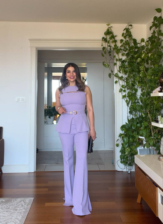 OMUZ GOLD DÜĞME DETAYLI PEPLUM TAKIM – LİLA