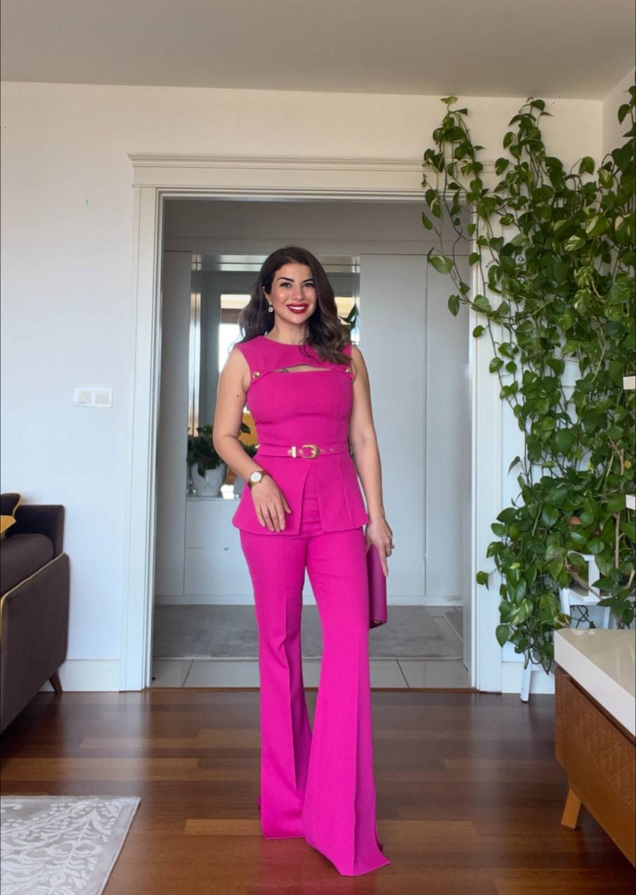 OMUZ GOLD DÜĞME DETAYLI PEPLUM TAKIM – FUŞYA