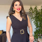 İNCİ TOKALI V YAKA MİDİ ELBİSE - SİYAH