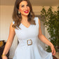 İNCİ TOKALI V YAKA MİDİ ELBİSE - BEBE MAVİ