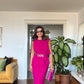 İNCİ TOKA DETAYLI PEPLUM MİDİ ELBİSE - FUŞYA