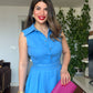 İNCİ DETAYLI MİDİ KETEN ELBİSE – MAVİ