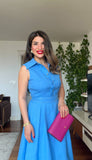 İNCİ DETAYLI MİDİ KETEN ELBİSE – MAVİ