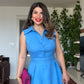 İNCİ DETAYLI MİDİ KETEN ELBİSE – MAVİ
