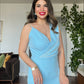 TAŞ ASKILI DRAPELİ MİDİ KALEM ELBİSE – BEBE MAVİSİ