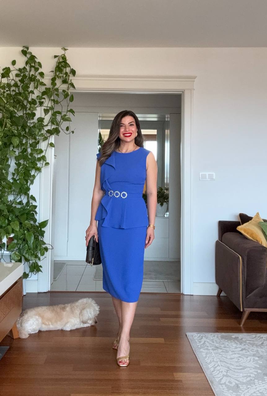 İNCİ TOKA DETAYLI PEPLUM MİDİ ELBİSE - SAKS