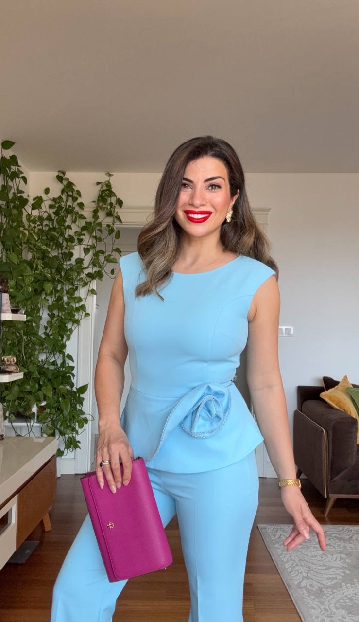 PEPLUM ÇİÇEK DETAYLI TAKIM – BEBE MAVİ