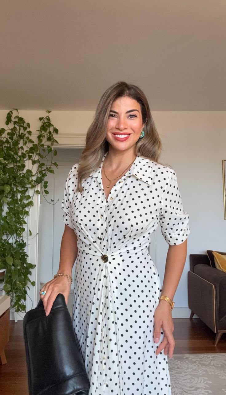 SİYAH PUANTİYELİ DÜĞMELİ  MİDİ ELBİSE