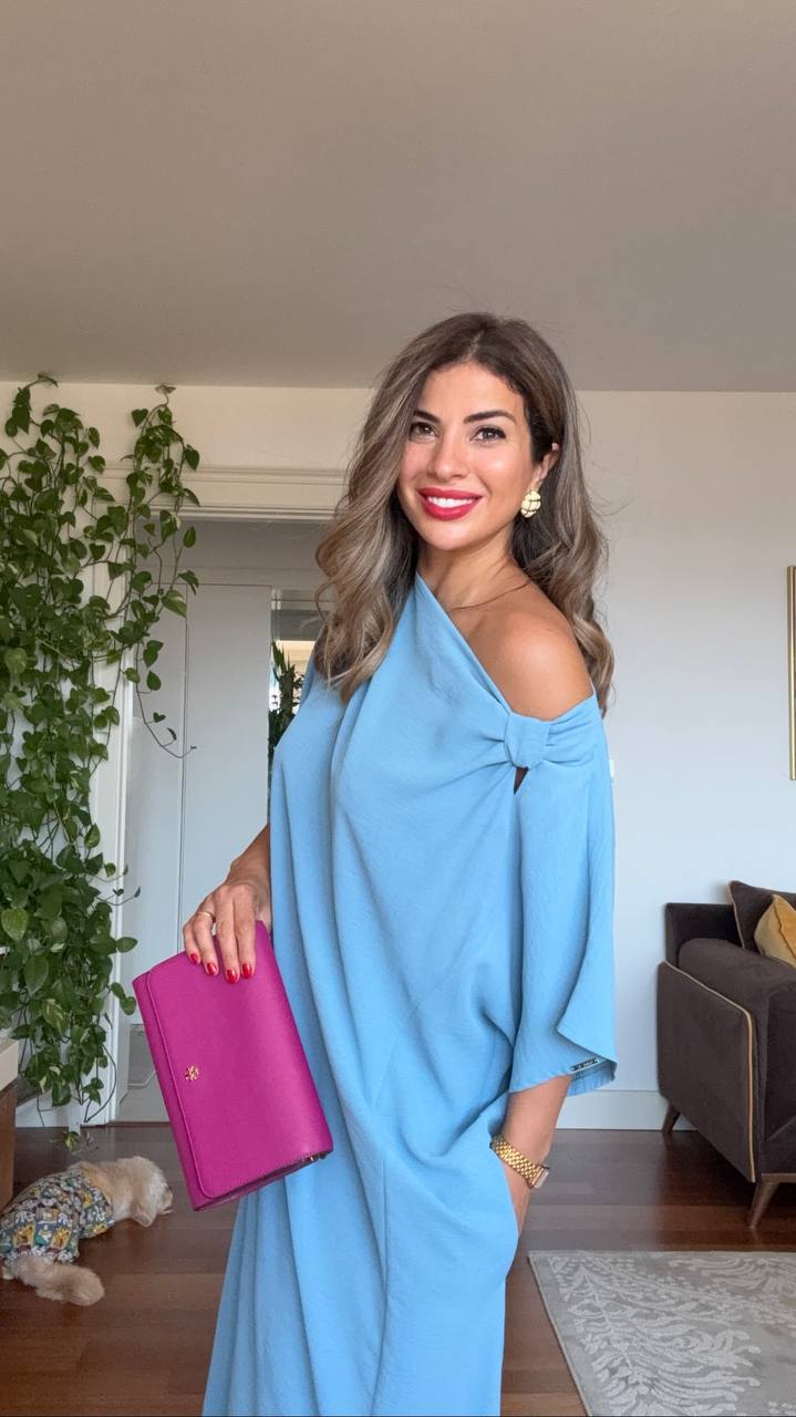 ASİMETRİK OMUZ DETAYLI MAKSİ ELBİSE – İNDİGO