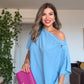 ASİMETRİK OMUZ DETAYLI MAKSİ ELBİSE – İNDİGO